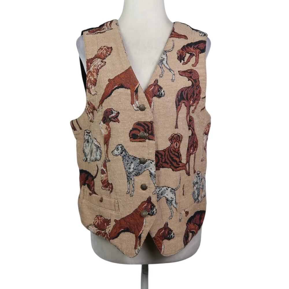 Vintage 90s Karen Scott Tan Dog Tapestry Needlepoint Vest M